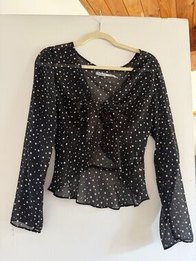 Polka Dot Tie-Front Sheer Blouse - Black/White